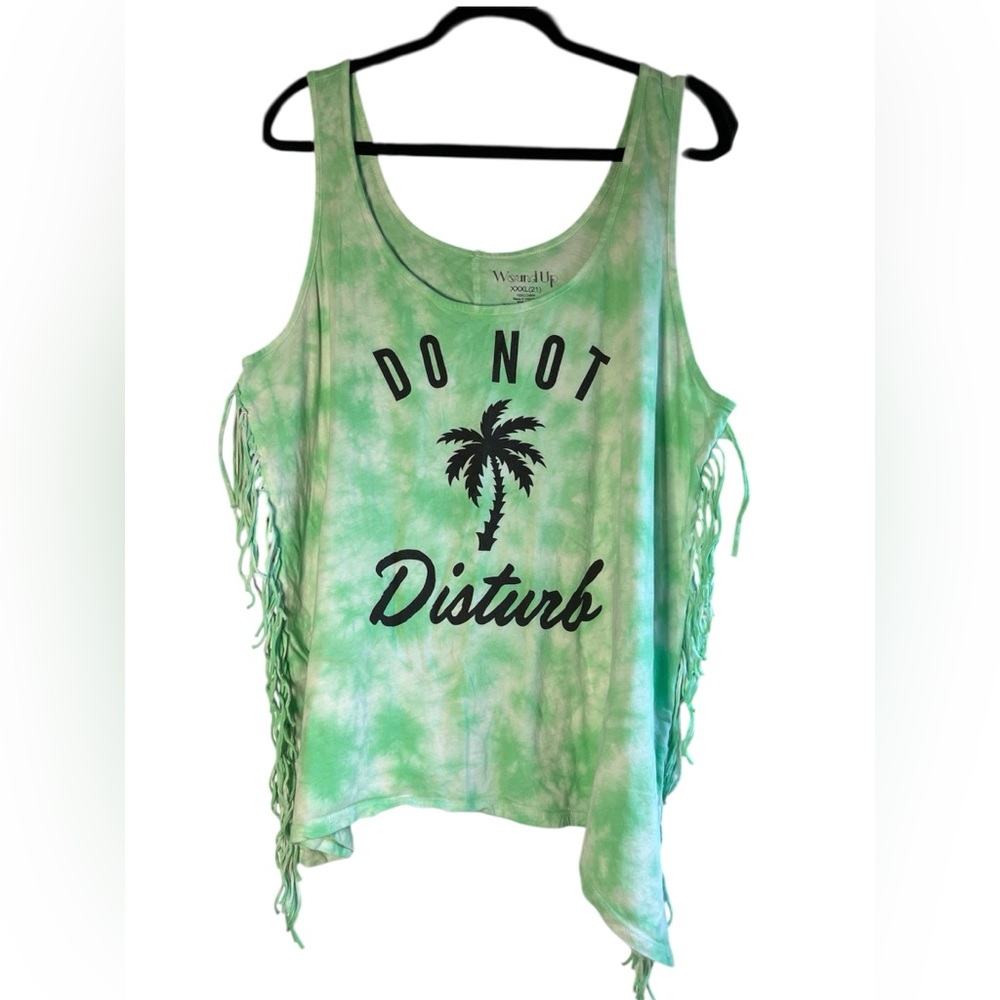 Wound Up Asymmetrical Green and White Tie Die Fringe Tank Top